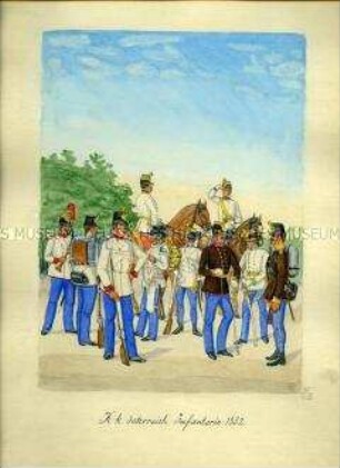 Uniformdarstellung, Offiziere, Spielleute und Gemeine der Ungarischen und Grenz-Infanterie, Kaisertum Österreich, 1852.