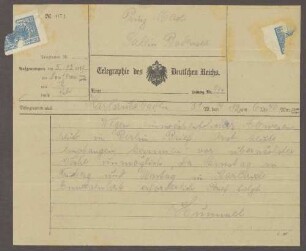 Telegramm von Hermann Hummel an Prinz Max von Baden; Besuch Hermann Hummels in Salem