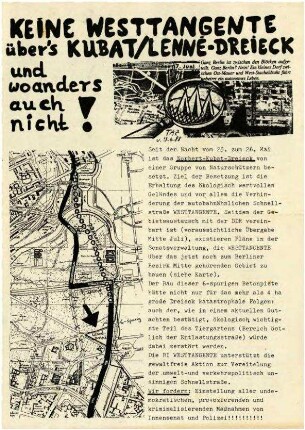 Flugschrift: Keine Westtangente               über&rsquo;s Kubat/Lenné-Dreieck und woanders auch nicht!               1988