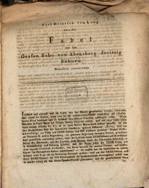 Karl Heinrich von Lang über die Fabel von des Grafen Babo von Abensberg dreissig Söhnen