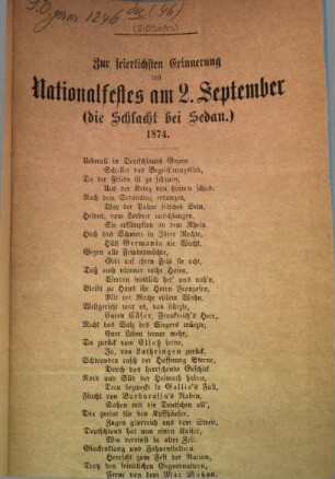 Zur feierlichsten Erinnerung des Nationalfestes am 2. September (die Schlacht bei Sedan). 1874