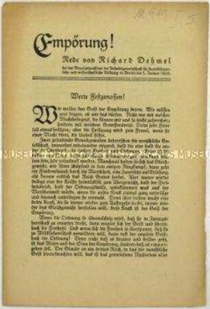 Flugschrift mit dem Text der Rede von Richard Dehmel bei der Revolutionsfeier der Arbeitsgemeinschaft für staatsbürgerliche und wissenschaftliche Bildung in Berlin am 5. Januar 1919