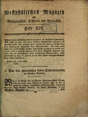 Westphälisches Magazin zur Geographie, Historie und Statistik. 4. 1788 = H. 14
