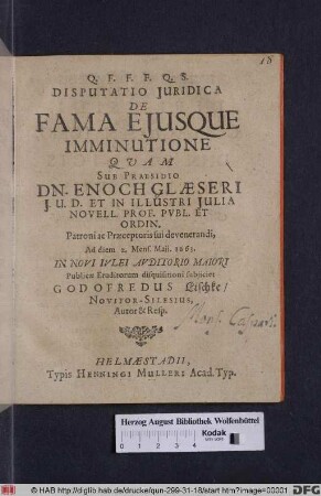 Disputatio Iuridica De Fama Eiusque Imminutione