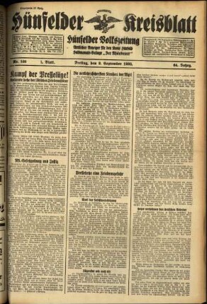 Erste Ausgabe vom Freitag, den 09. September 1938.