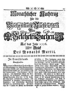 Monathlicher Nachtrag [...] Auf das Jahr 1776. IIItes Stück Des Monaths Martii