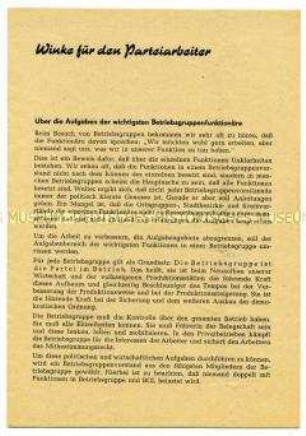 Informationsblatt der SED über die Aufgaben der Parteifunktionäre in den Betriebsgruppen