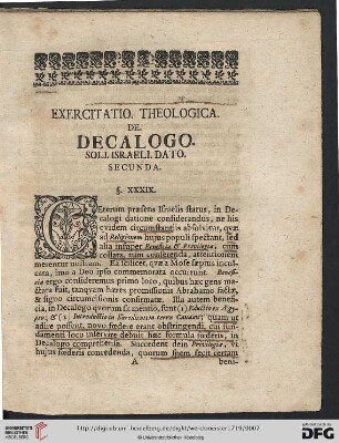 Exercitatio Theologica: De Decalogo. Soli. Israeli. Dato. Secunda