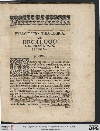 Exercitatio Theologica: De Decalogo. Soli. Israeli. Dato. Secunda