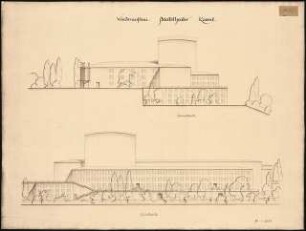 Staatstheater Kassel: (Lichtpause von Inv.Nr. 35774): Südwest/Südostansicht 1:200