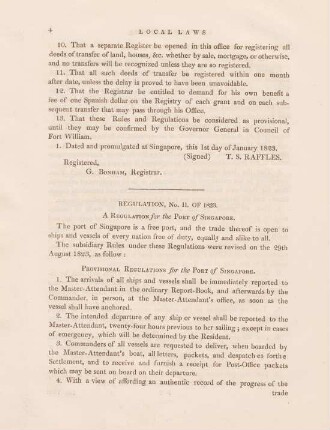 Regulation, No. II. of 1823. A regulation for the port of Singapore