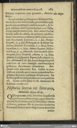 Historia brevis rei litterariae, Annorum 1694-1698