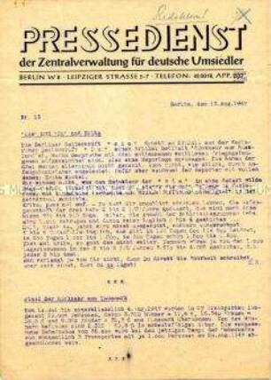 Hektografierte Ausgabe des Pressedienstes der Zentralverwaltung für deutsche Umsiedler