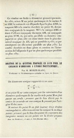 Solution de la question proposée en 1879 pour le concours d'admission a l'école polytechnique.