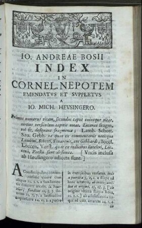 Jo. Andreae Bosii Index In Cornel. Nepotem / Emendatus Et Suppletus A Jo. Mich. Heusingero.