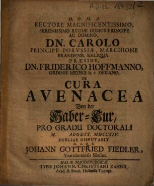 De Cura Avenacea : = Von der Haber-Cur