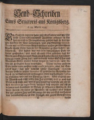 Send-Schreiben Eines Senatoris aus Königsberg. d. 17. Martii 1735.