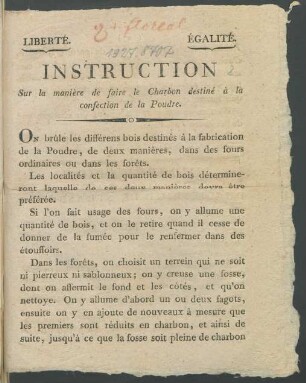 Instruction Sur la manière de faire le Charbon destiné à la confection de la Poudre : [... Du 24. Floréal l'an 2. de la République franc̜aise, une & indivisible ...]