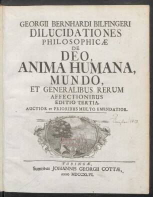 Georgii Bernhardi Bilfingeri Dilucidationes Philosophicæ De Deo, Anima Humana, Mundo, Et Generalibus Rerum Affectionibus