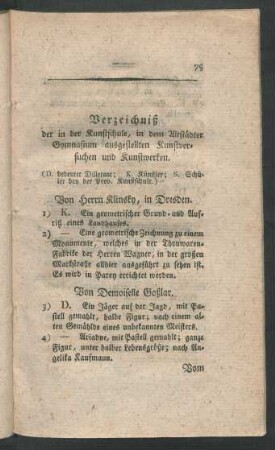 Verzeichniß der in der Kunstschule, in dem Altstädter Gymnasium ausgestellten Kunstversuchen und Kunstwerken