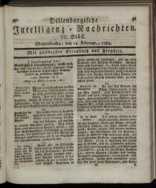VII. Stück. Sonnabends: den 15. Februar., 1783.