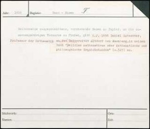 Reihenweise ausgeschnittene, vorstehende Nasen am Papier, um die zusammengehörigen Vermerke zu finden, gibt im Jahr 1636 Daniel Schwenter, Professor der Mathematik an der Universität Altdorf bei Nürnberg, in seinem Buch "Deliciae mathematicae oder Mathematische und philosophische Erquickstunden" (S. 523) an