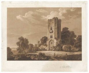 Die Ritterburg (Ruine) im Landschaftsgarten in Machern östlich von Leipzig, aus Klinskys Ansichten des Gartens zu Machern von 1799