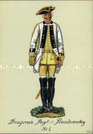 Uniformdarstellung, Gemeiner des Dragoner-Regiments (von Posadowsky) D I, Preußen, 1740.