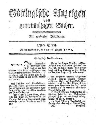 30stes Stück. Sonnabend, den 24ten Julii 1773.