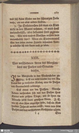 XXIII. Von verschiedenen Arten des Aberglaubens mit Pathen und Gevatterbriefen