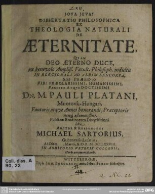 Dissertatio philosophica ex theologia naturali de aeternitate