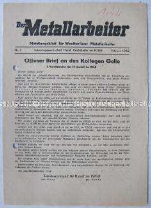 Mitteilungsblatt des FDGB für Westberliner Metallarbeiter u.a. mit einem offenen Brief an der Vorsitzenden der IG Metall im DGB Galle
