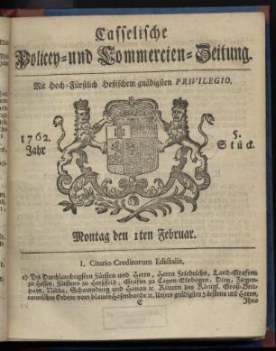 5. Stueck, Montag den 1ten Februar 1762