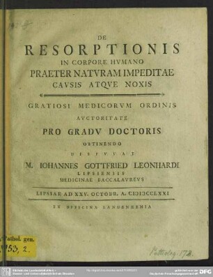 De Resorptionis In Corpore Humano Praeter Naturam Impeditae Causis Atque Noxis