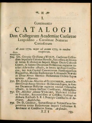 I.Continuatio Catalogi Dnn. Collegarum Academiae Caesareae Leopoldino-Carolinae Naturae Curiosorum, Ab anno 1770. usque ad annum 1773. in eandem receptorum.