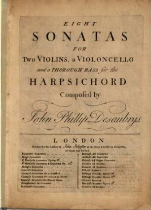 Eight sonatas for two violins, a violoncello and a thorough bass for the harpsichord