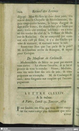 Lettre CLXXXIV. A la même. A Paris, Lundi 29. Janvier, 1674
