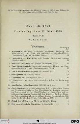 Erster Tag: Dienstag, den 17. Mai 1938, Beginn 3 Uhr