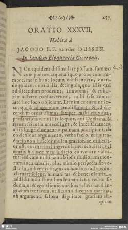 Oratio XXXVII. Habita à Jacobo E.F. van der Dussen. In laudem Eloquentiae Ciceronis