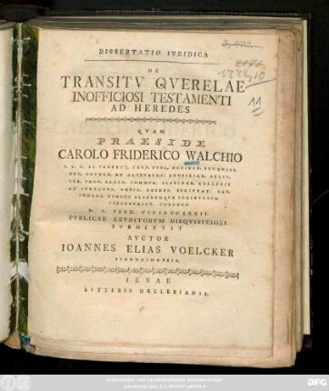 Dissertatio Ivridica De Transitv Qverelae Inofficiosi Testamenti Ad Heredes