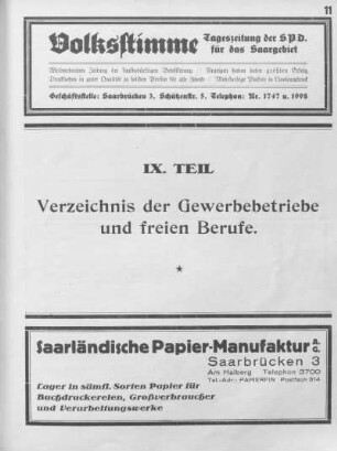 IX. Teil: Verzeichnis der Gewerbebetriebe und freien Berufe