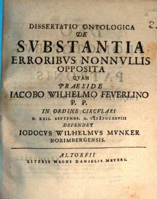 Dissertatio ontologica de substantia erroribvs nonnvllis opposita