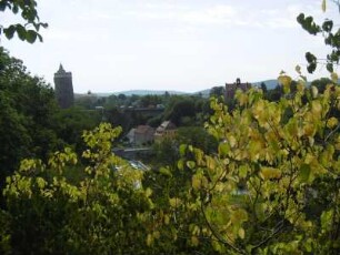 Bautzen: Blick von der Ortenburg (Burgwasserturm) zur Alten Wasserkunst und auf die Spree
