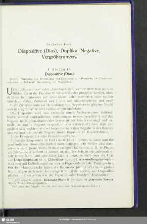 Sechster Teil. Diapositive (Dias), Duplikat-Negative, Vergrößerungen
