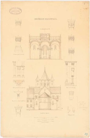 Abteikirche Knechtsteden, Dormagen Wiederaufbau: Schnitt C-D, Westansicht, Ansichten Kapitäle, Pfeiler, Säule, Tauf- und Weihwasserbecken