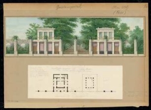 Gartenportal Monatskonkurrenz Mai 1829: Einzäunung mit zwei gleichen Pavillons, das eine mit Grundriss Erdgeschoss, das andere mit Grundriss Dachgeschoss, Maßstabsleiste; Text. Aufriss Straßenansicht.