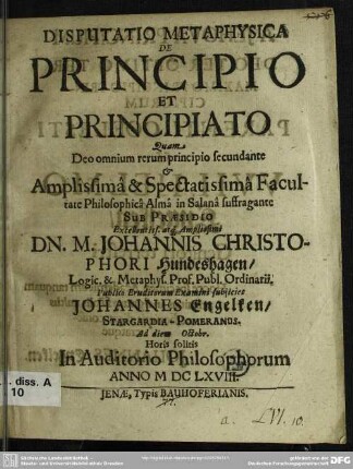 Disputatio metaphysica de principio