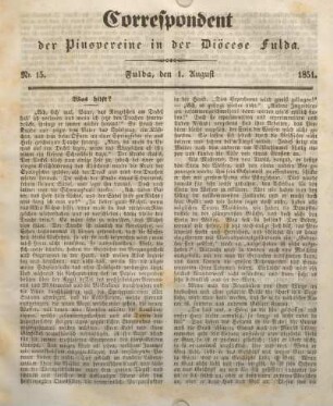 Nr. 15. Fulda, den 1. August 1851.