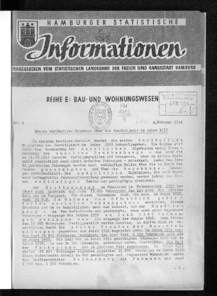 Erstes vorläufiges Ergebnis über die Bautätigkeit im Jahre 1953 : Nr. 1