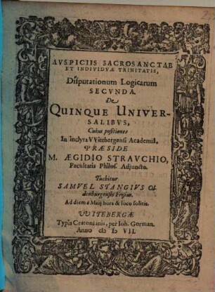 Disputationum Logicarum Secvnda De Quinque Universalibvs